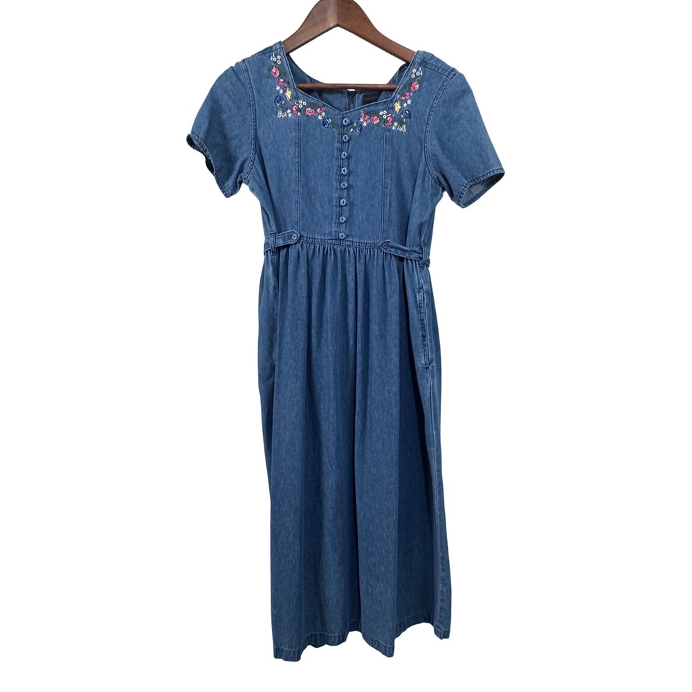 Erika Petite 90s Vintage Denim Midi Dress Cottagecore Floral Embroidered Blue PS